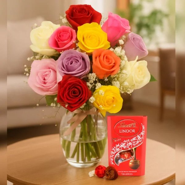 Elegância das Rosas Coloridas e Caixa de Bombons Lindt