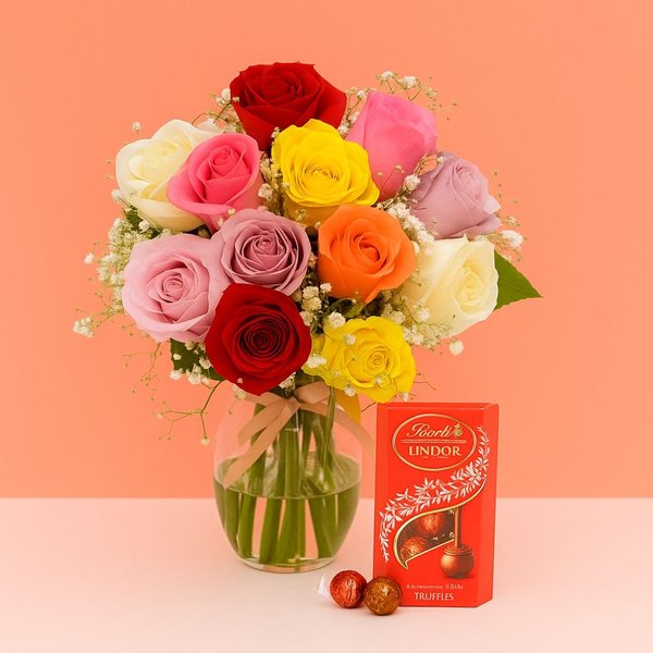 Elegância das Rosas Coloridas e Caixa de Bombons Lindt