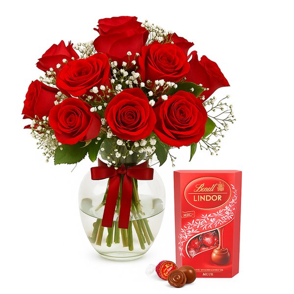 Elegância das Rosas Vermelhas e Caixa de Bombons Lindt