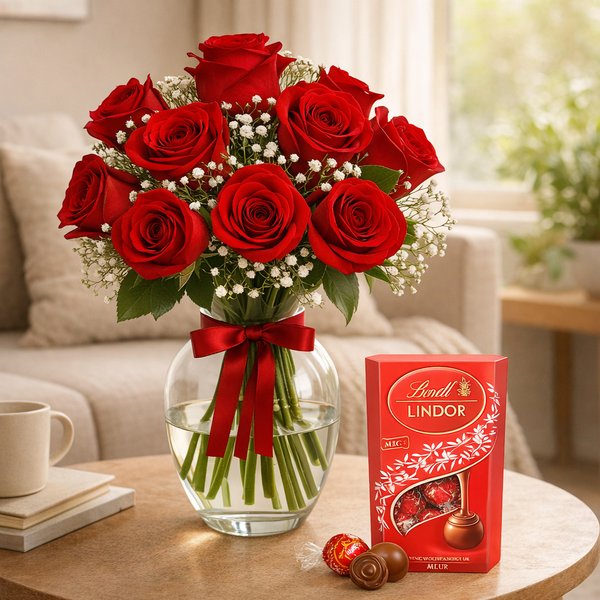 Elegância das Rosas Vermelhas e Caixa de Bombons Lindt