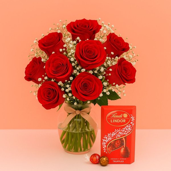 Elegância das Rosas Vermelhas e Caixa de Bombons Lindt