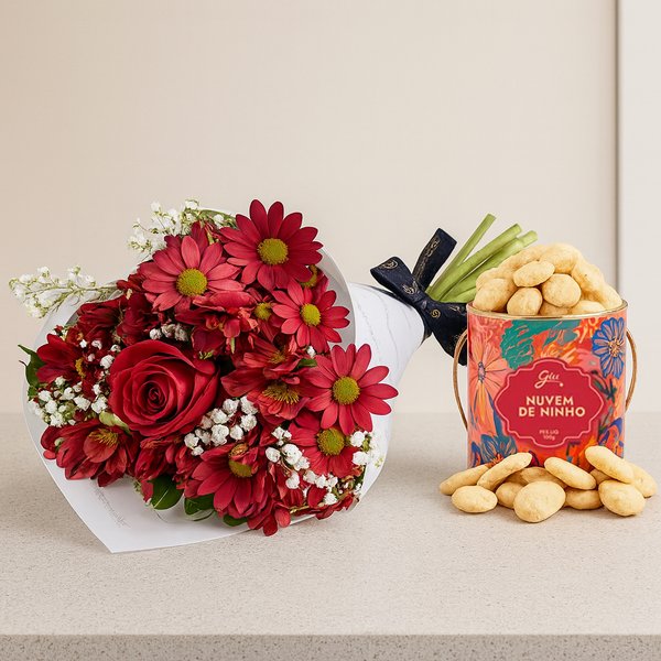 Buquê Primavera das Flores Vermelhas e Biscoito Nuvem de Ninho