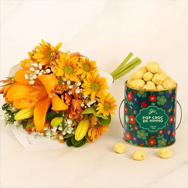 Buquê Primavera das Flores Laranjas e Pipoca de Ninho
