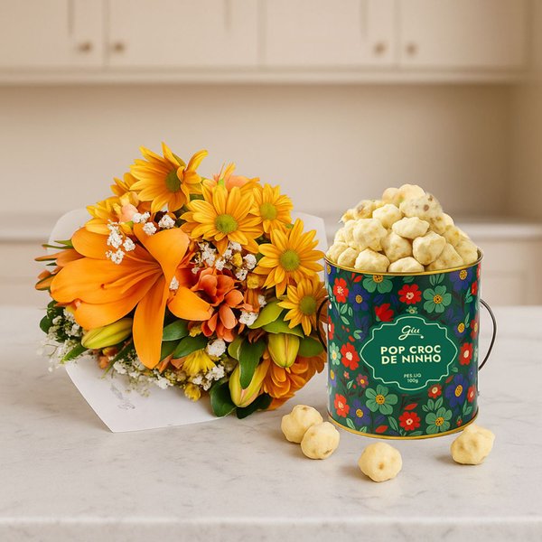 Buquê Primavera das Flores Laranjas e Pipoca de Ninho