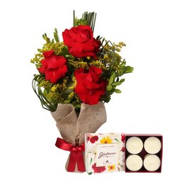 Imagem de Arranjo 3 Lindas Rosas Vermelhas e Vela Aromática C/4 Mini Velas