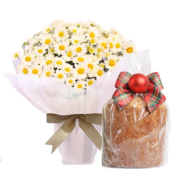 Mini Vaso de Margaridinhas Plantadas e Panettone