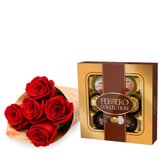 Buquê Partitura de Rosas Nacionais Vermelho e Ferrero Rocher