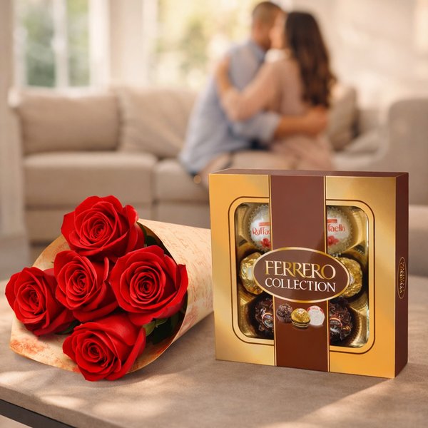 Buquê Partitura de Rosas Nacionais Vermelho e Ferrero Rocher