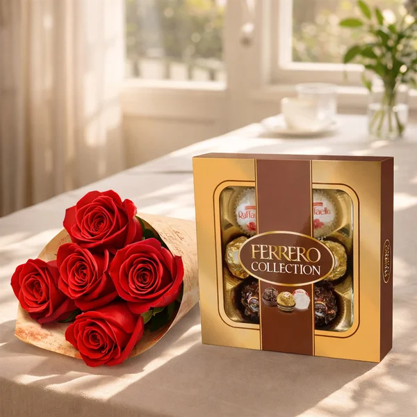 Buquê Partitura de Rosas Nacionais Vermelho e Ferrero Rocher