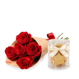 Imagem de Buquê Partitura de Rosas Nacionais Vermelho e Biscoito Amanteigado