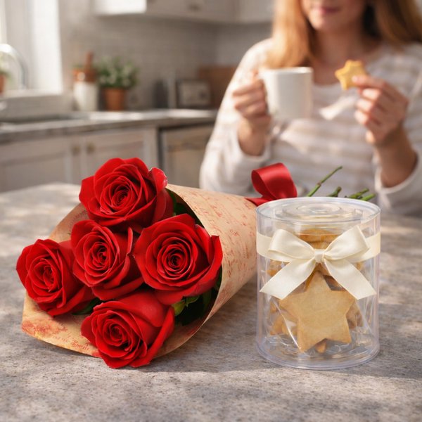 Buquê Partitura de Rosas Nacionais Vermelho e Biscoito Amanteigado