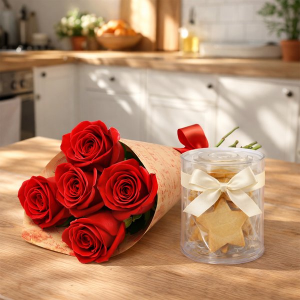 Buquê Partitura de Rosas Nacionais Vermelho e Biscoito Amanteigado