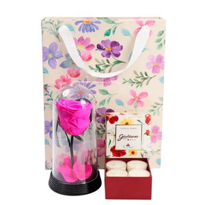 Imagem de Bela Rosa Encantada Pink e Mini Velas Encontro Floral na Bag Pétalas