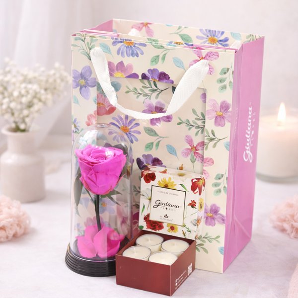 Bela Rosa Encantada Pink e Mini Velas Encontro Floral na Bag Pétalas