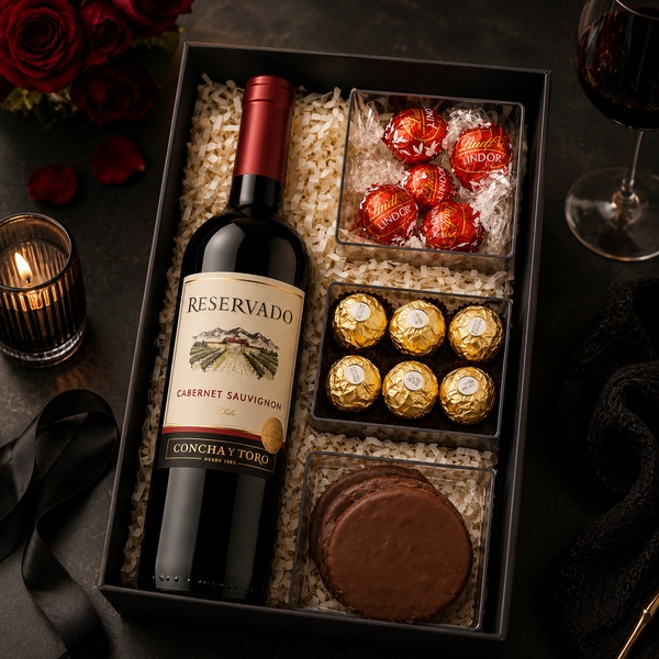 Cesta de Vinho e Lindt e Ferrero Rocher