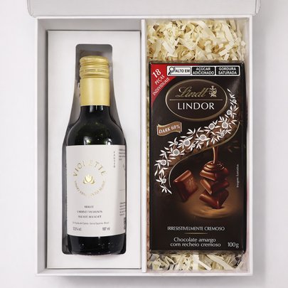 Vinho Tinto e Tablete de Chocolate Dark Lindt no Box Esplendor