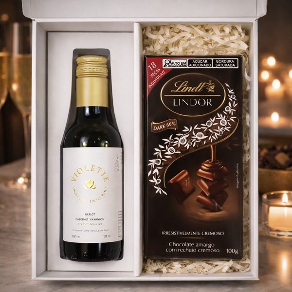 Vinho Tinto e Tablete de Chocolate Dark Lindt no Box Esplendor
