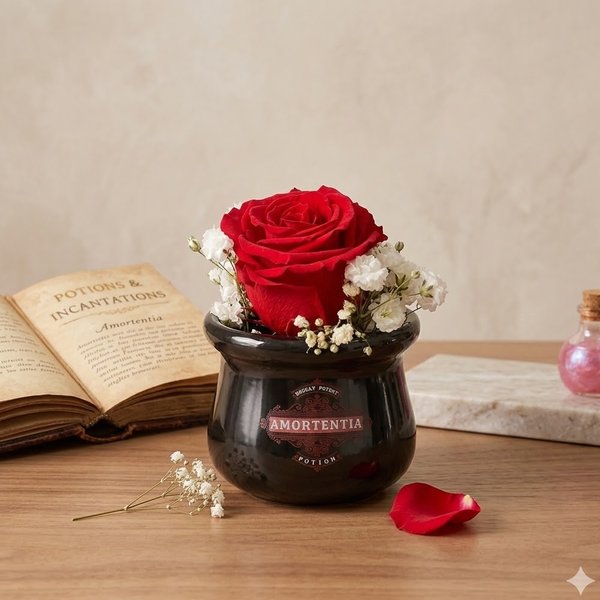 Caldeirão Hogwarts Amortentia com Rosa Encantada Vermelha