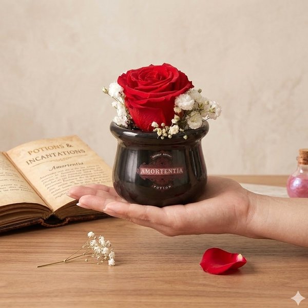 Caldeirão Hogwarts Amortentia com Rosa Encantada Vermelha
