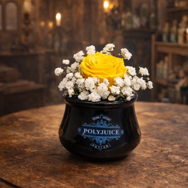 Caldeirão Hogwarts Polyjuice com Rosa Encantada Amarela