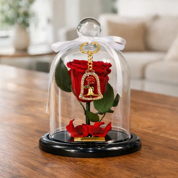 Mini Rosa Encantada Vermelha e Chaveiro de Rosa