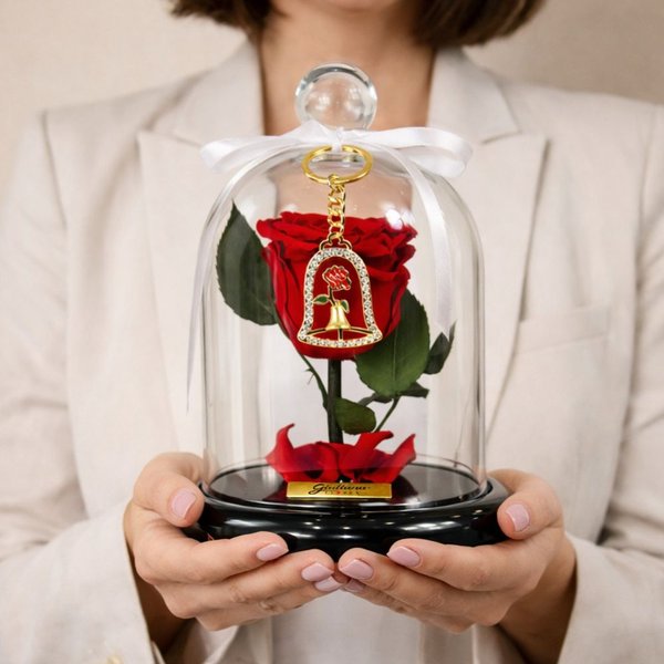 Mini Rosa Encantada Vermelha e Chaveiro de Rosa