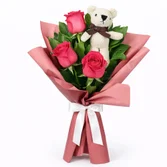 Buquê Trio de Rosas Pink com Urso Chaveirinho