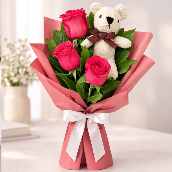 Buquê Trio de Rosas Pink com Urso Chaveirinho