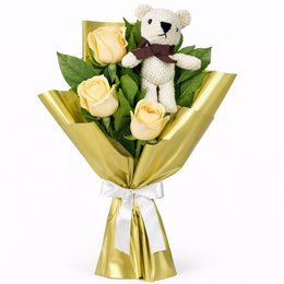 Imagem de Buquê Trio de Rosas Champanhe com Urso Chaveirinho