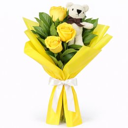 Imagem de Buquê Trio de Rosas Amarelas com Urso Chaveirinho