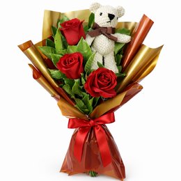 Imagem de Buquê Trio de Rosas Vermelhas com Urso Chaveirinho
