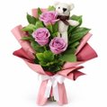 Buquê Trio de Rosas Lilás com Urso Chaveirinho