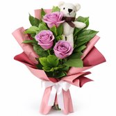 Buquê Trio de Rosas Lilás com Urso Chaveirinho
