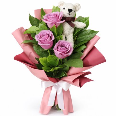 Buquê Trio de Rosas Lilás com Urso Chaveirinho