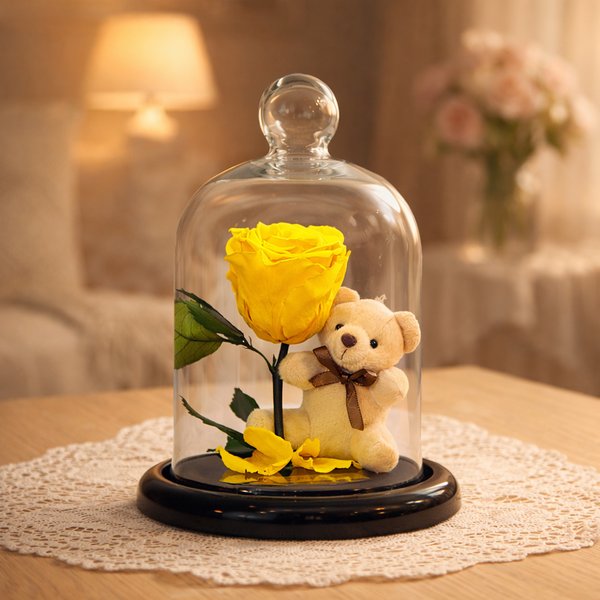 Mini Rosa Encantada Amarela e Urso Chaveiro