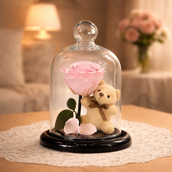 Mini Rosa Encantada Cor de Rosa e Urso Chaveiro