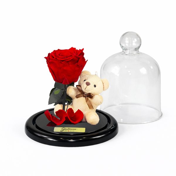 Mini Rosa Encantada Vermelha e Urso Chaveiro