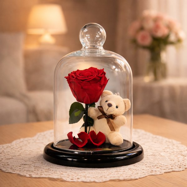 Mini Rosa Encantada Vermelha e Urso Chaveiro