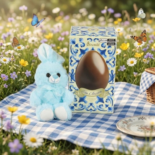 Coelho de Pelúcia Azul e Ovo Clássico 180g Biscoitê