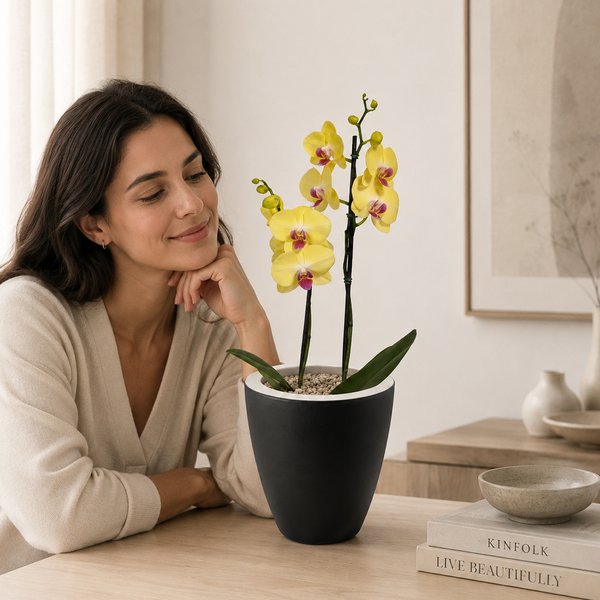 Orquídea Amarela Presente no Vaso Preto Jardim