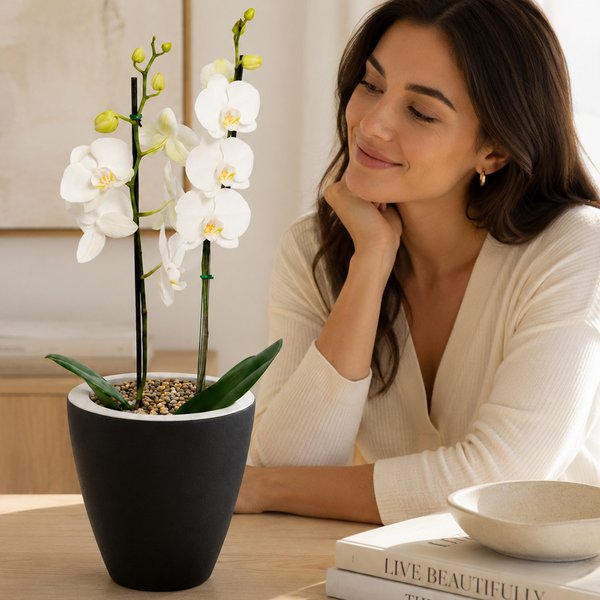 Orquídea Branca Presente no Vaso Preto Jardim