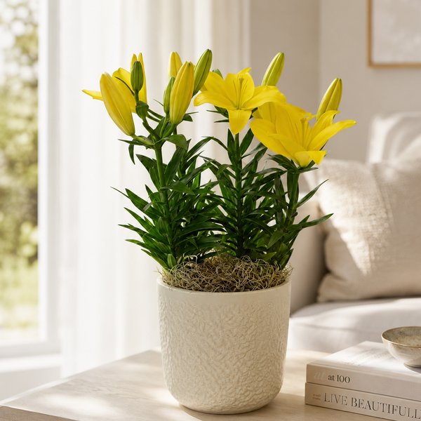 Refinado Lírio Amarelo Plantado  - Vaso Off White