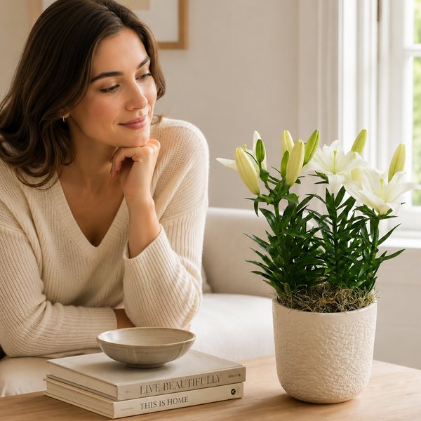 Refinado Lírio Branco Plantado - Vaso Off White