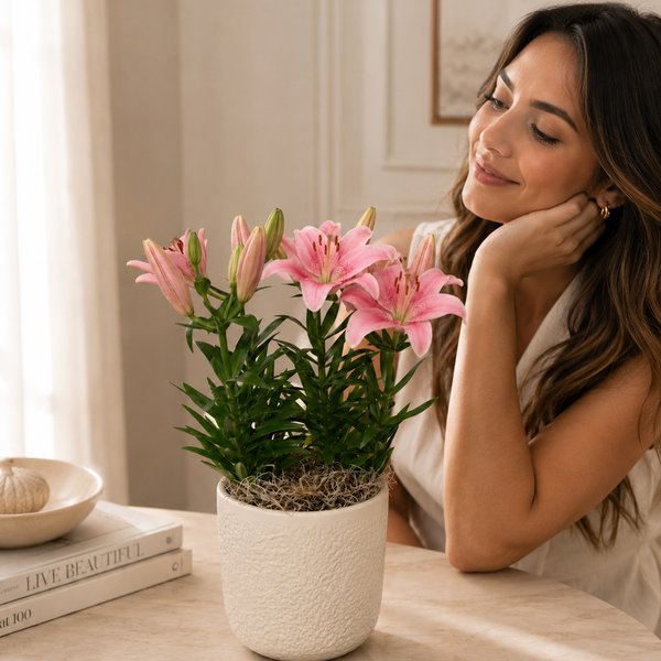 Refinado Lírio Rosa Plantado - Vaso Off White
