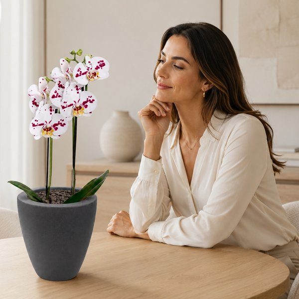 Orquídea Mesclada Presente no Vaso Cinza Jardim