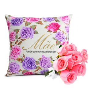 Imagem de Almofada Mae e Buquê de 6 Rosas Cor de Rosa