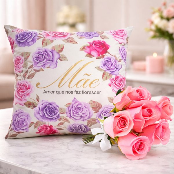 Almofada Mae e Buquê de 6 Rosas Cor de Rosa