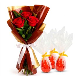 Imagem de Trio de Rosas Vermelhas e Ovinhos de Brigadeiro