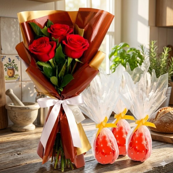 Trio de Rosas Vermelhas e Ovinhos de Brigadeiro