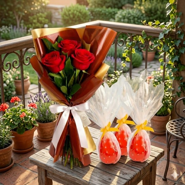 Trio de Rosas Vermelhas e Ovinhos de Brigadeiro